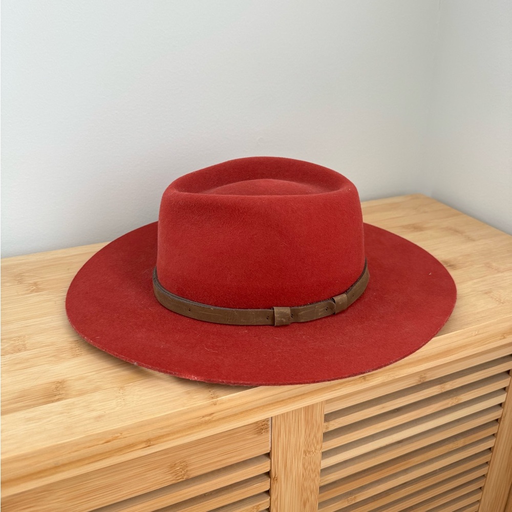 Goorin Bros Red Wool Flat Brim Fedora | Leather Band | Wide Brim Hat